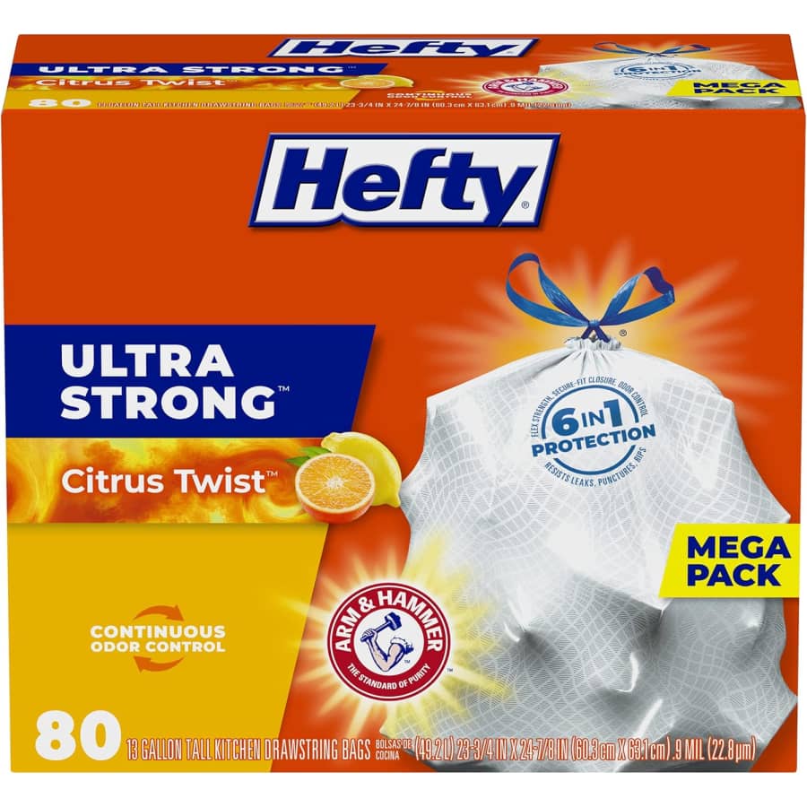 Hefty Ultra Strong 13-Gallon Kitchen Trash Bags 80-Pack: $10 via Sub. & Save Hefty Ultra Strong 13-Gallon Kitchen Trash Bags 80-Pack: $10 via Sub. & Save