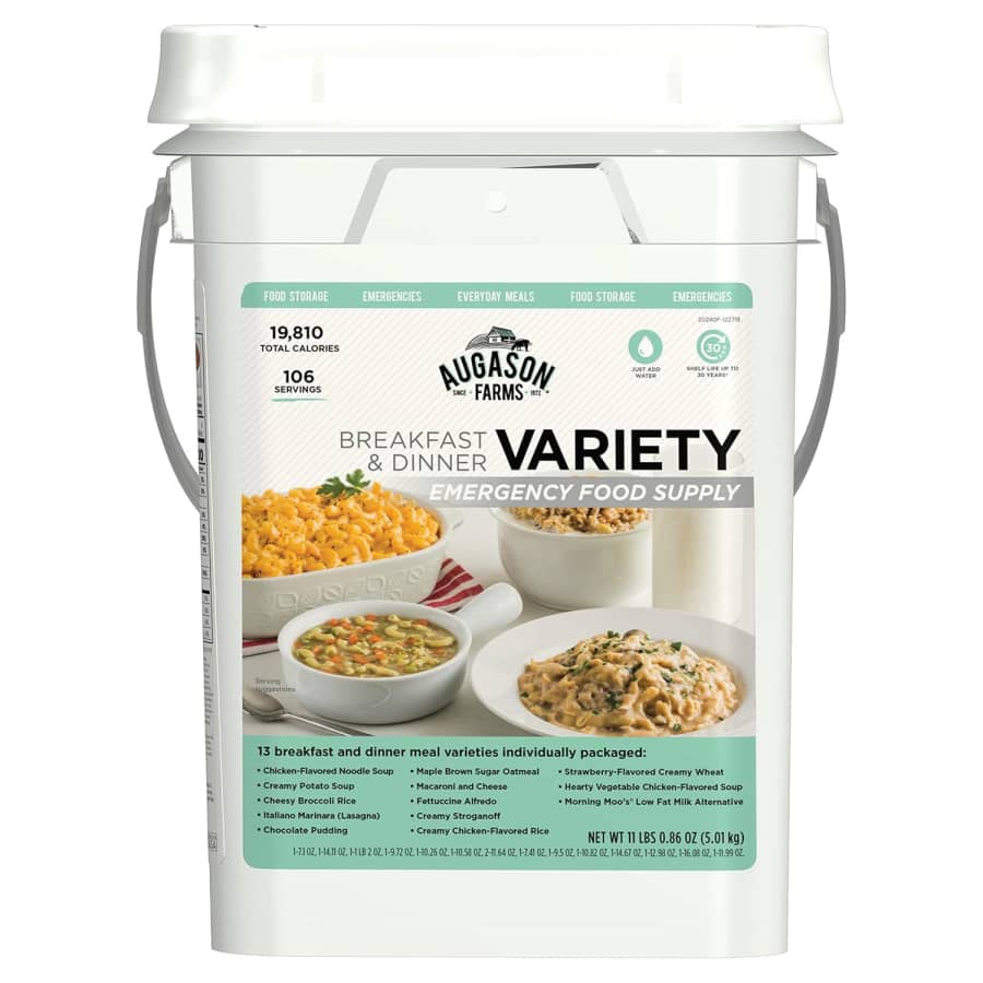 Augason Breakfast and Dinner Variety Emergency Food Supply 4-Gal. Pail: $46 Augason Breakfast and Dinner Variety Emergency Food Supply 4-Gal. Pail: $46