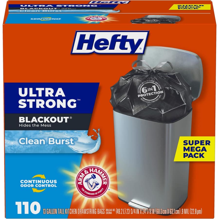 Hefty Ultra Strong Tall Blackout 13-Gallon Kitchen Trash Bags 110-Count: $15 via Subscribe & Save Hefty Ultra Strong Tall Blackout 13-Gallon Kitchen Trash Bags 110-Count: $15 via Subscribe & Save