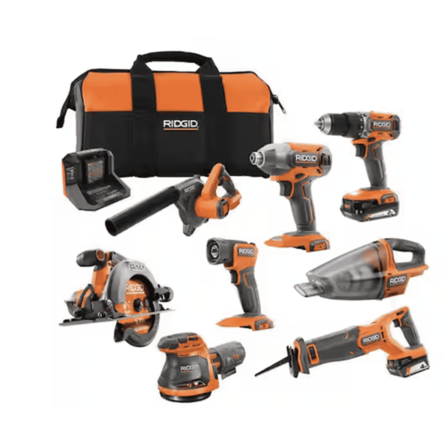 Ridgid 18V Cordless 8-Tool Combo Kit with 2.0 Ah Battery, 4.0 Ah Battery, Charger, and Tool Bag: $299