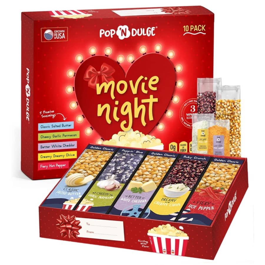Valentine's Day Gifts Movie Night 10-Piece Popcorn Gift Set: $20 w/ Prime