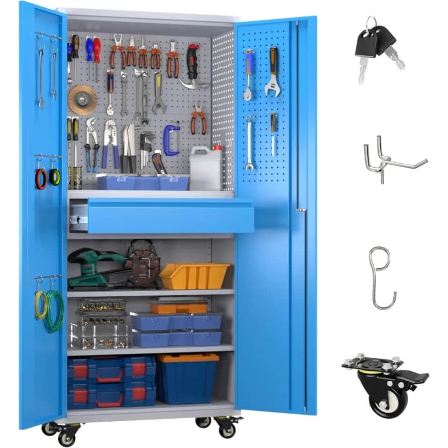 71" Metal Storage Cabinet on Wheels with Pegboards & Drawer: $121 71" Metal Storage Cabinet on Wheels with Pegboards & Drawer: $121