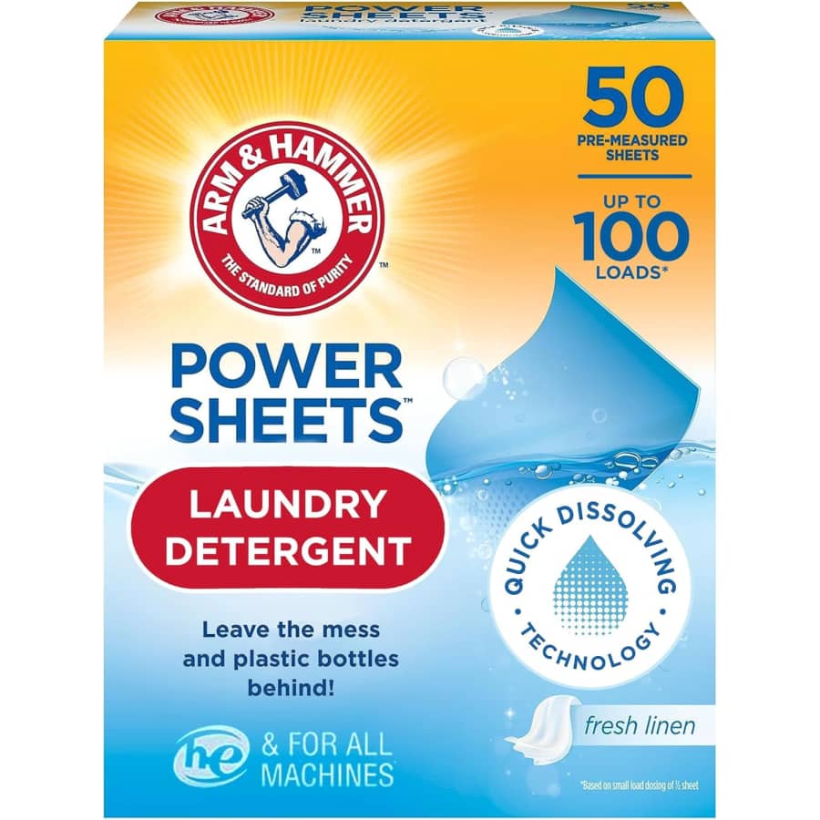 Arm & Hammer Power Sheets Laundry Detergent 50-count: $11 w/ subscribe and save Arm & Hammer Power Sheets Laundry Detergent 50-count: $11 w/ subscribe and save