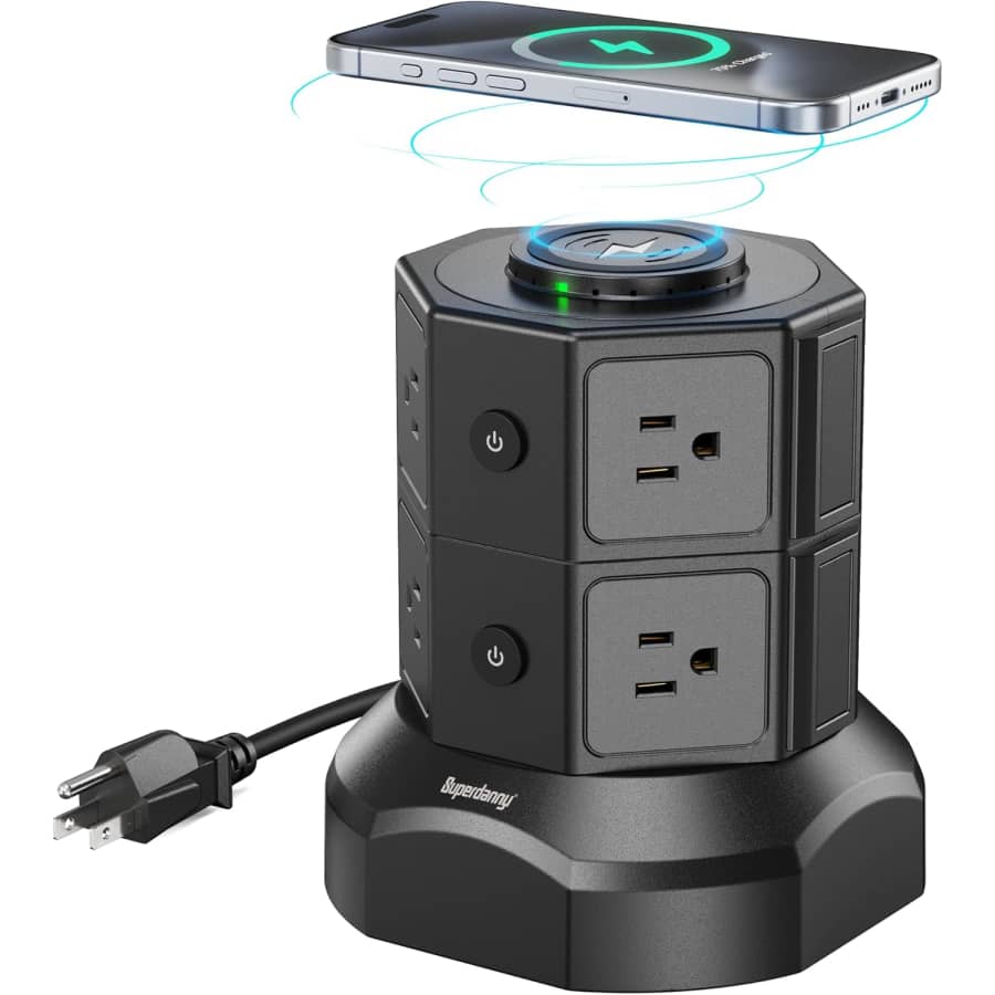 12-Outlet 6-USB Power Strip Tower: $20 12-Outlet 6-USB Power Strip Tower: $20