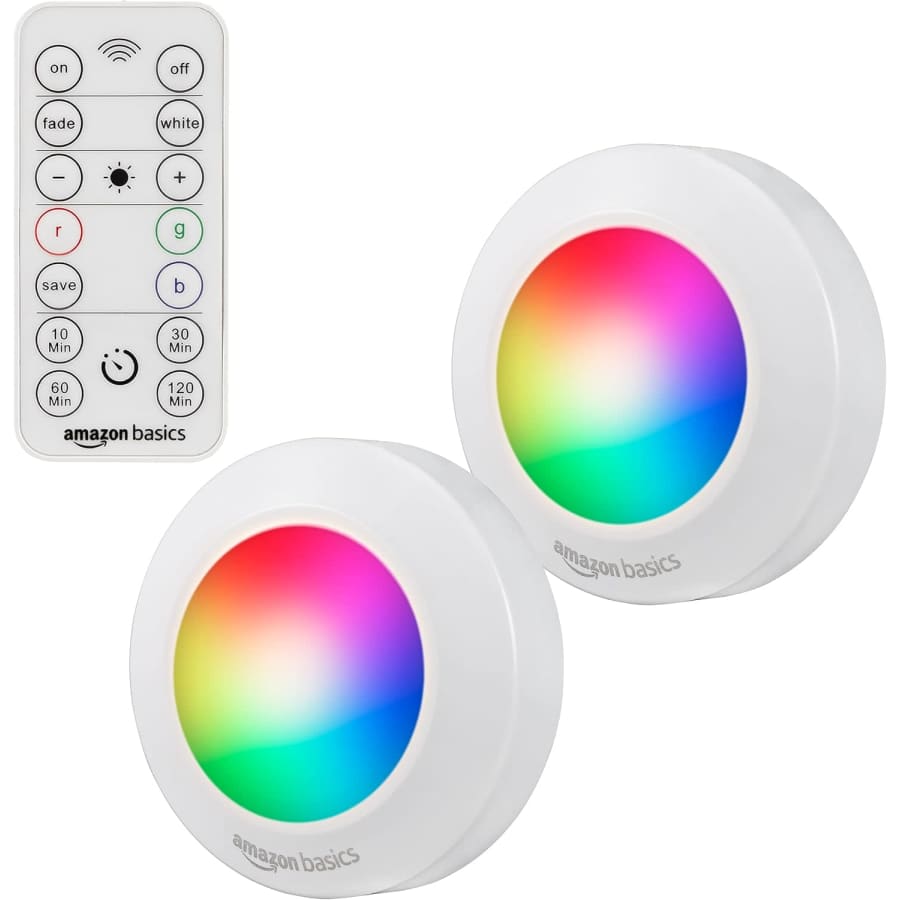 Amazon Basics Motion Sensing LED Puck Light 2-Pack w/ IR Remote: $7 Amazon Basics Motion Sensing LED Puck Light 2-Pack w/ IR Remote: $7