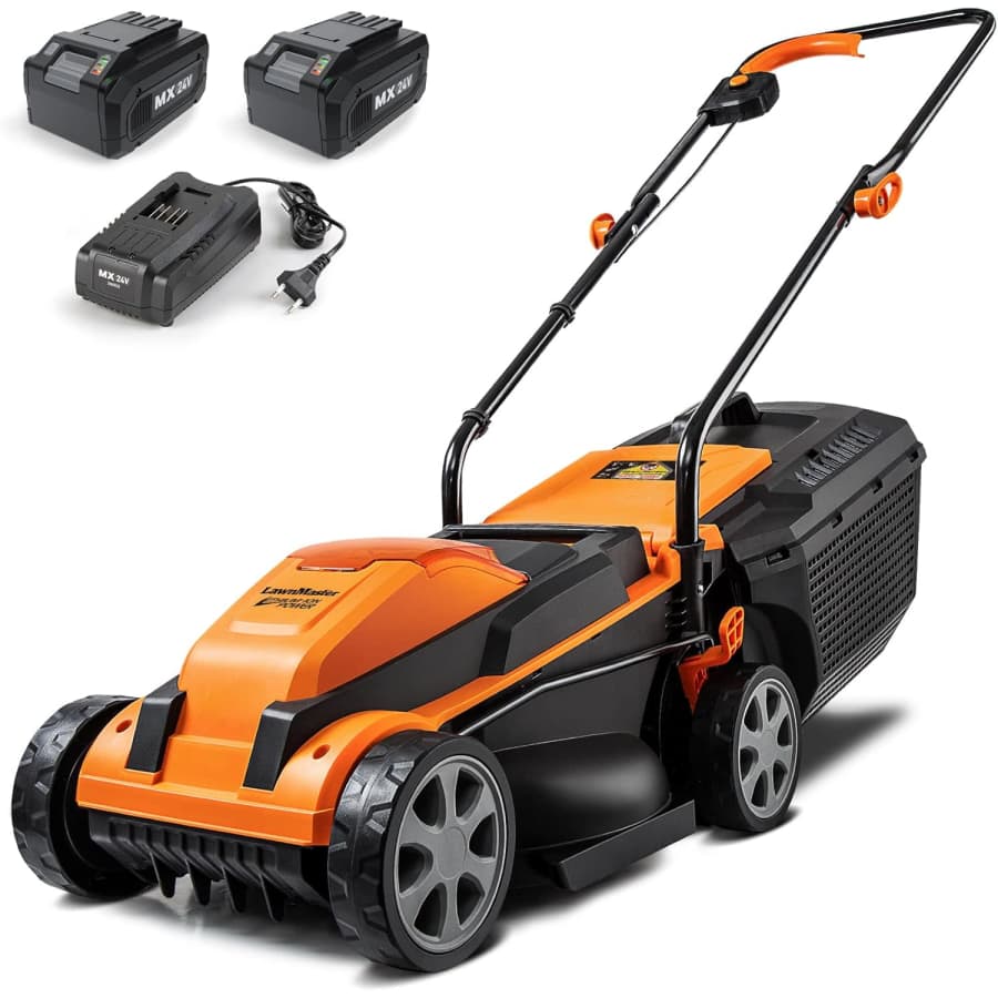 LawnMaster Cordless 13" Mower with Batteries: $90