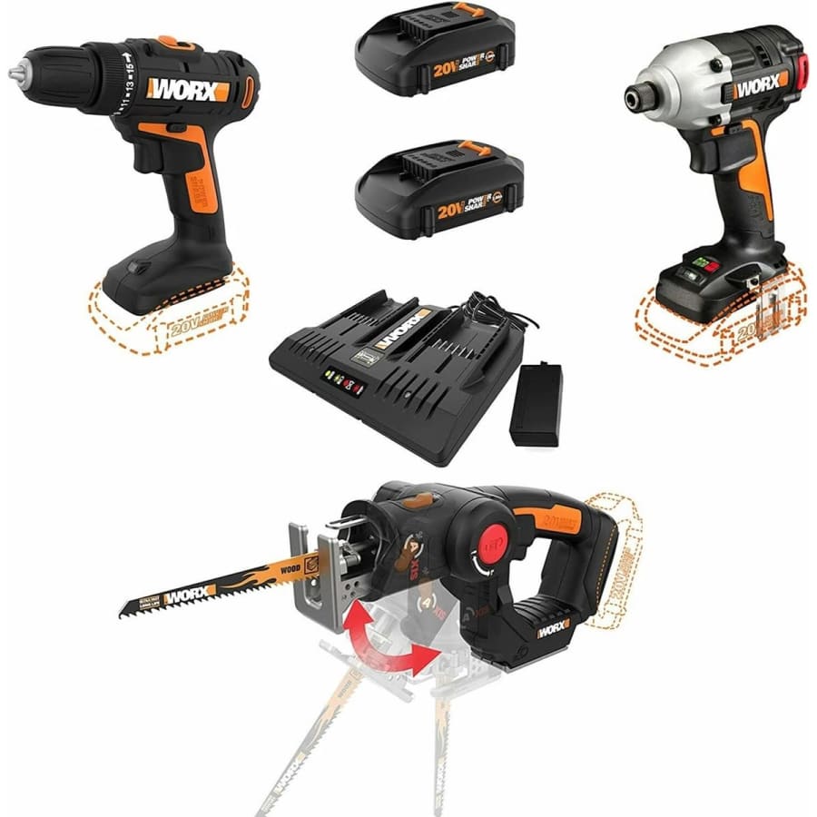 Worx 20V 3/8" Power Drill, 1/4" Impact Driver, AXIS Saw Combo Kit: $129 Worx 20V 3/8" Power Drill, 1/4" Impact Driver, AXIS Saw Combo Kit: $129
