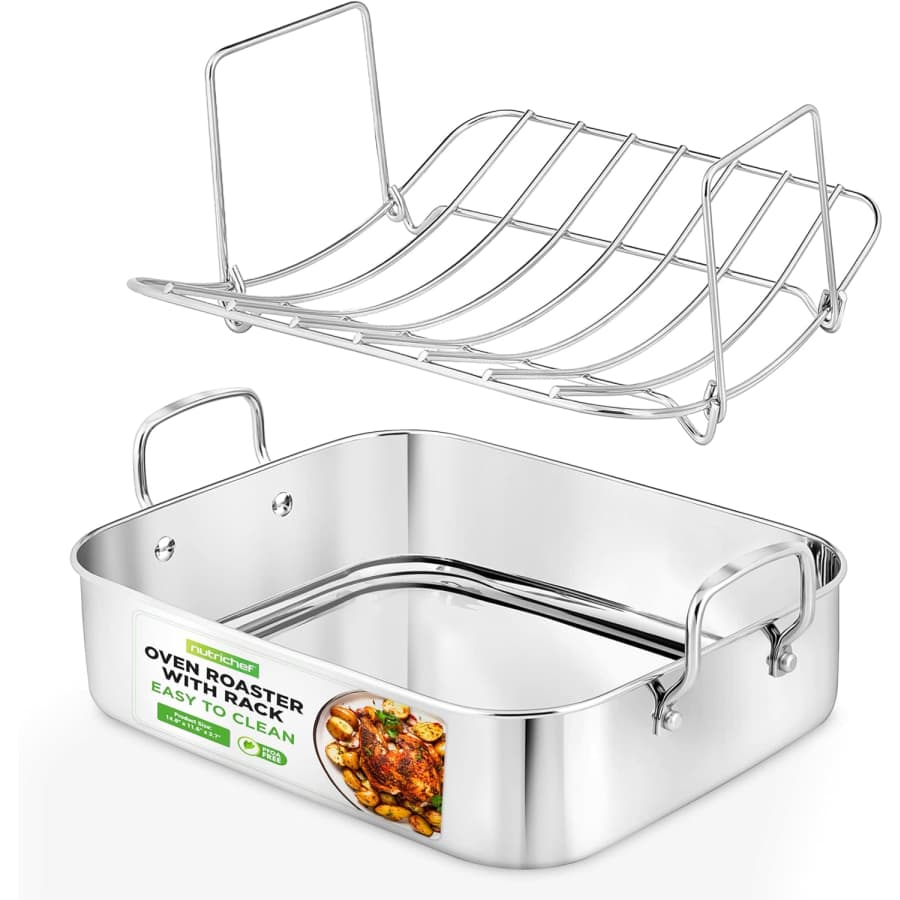 NutriChef 14" Stainless Steel Oven Roasting Pan w/ Polished Wire Rack: 42.99