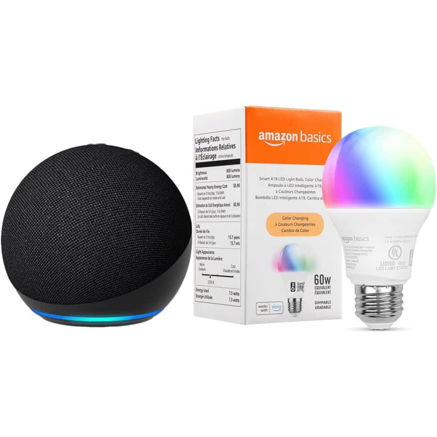 5th-Gen. Amazon Echo Dot (2022) w/ Amazon Basics Smart A19 Light Bulb: $23 5th-Gen. Amazon Echo Dot (2022) w/ Amazon Basics Smart A19 Light Bulb: $23