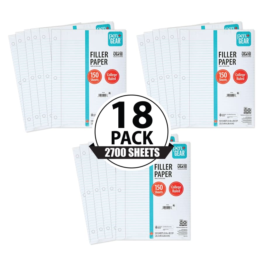 Pen+Gear College Rule Filler Paper 150-Sheet 18-Pack (2,700 sheets): $8.50 Pen+Gear College Rule Filler Paper 150-Sheet 18-Pack (2,700 sheets): $8.50
