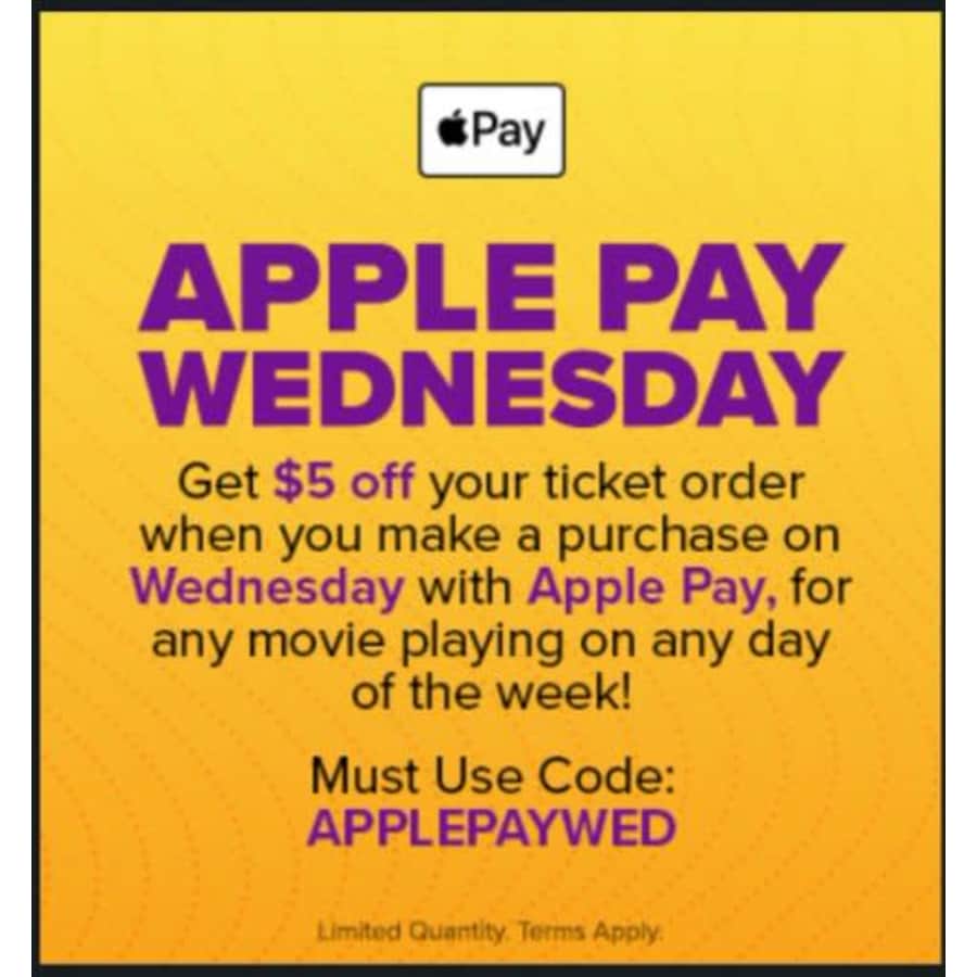 Fandango Ticket Orders: $5 off w/ Apple Pay on Wednesdays Fandango Ticket Orders: $5 off w/ Apple Pay on Wednesdays