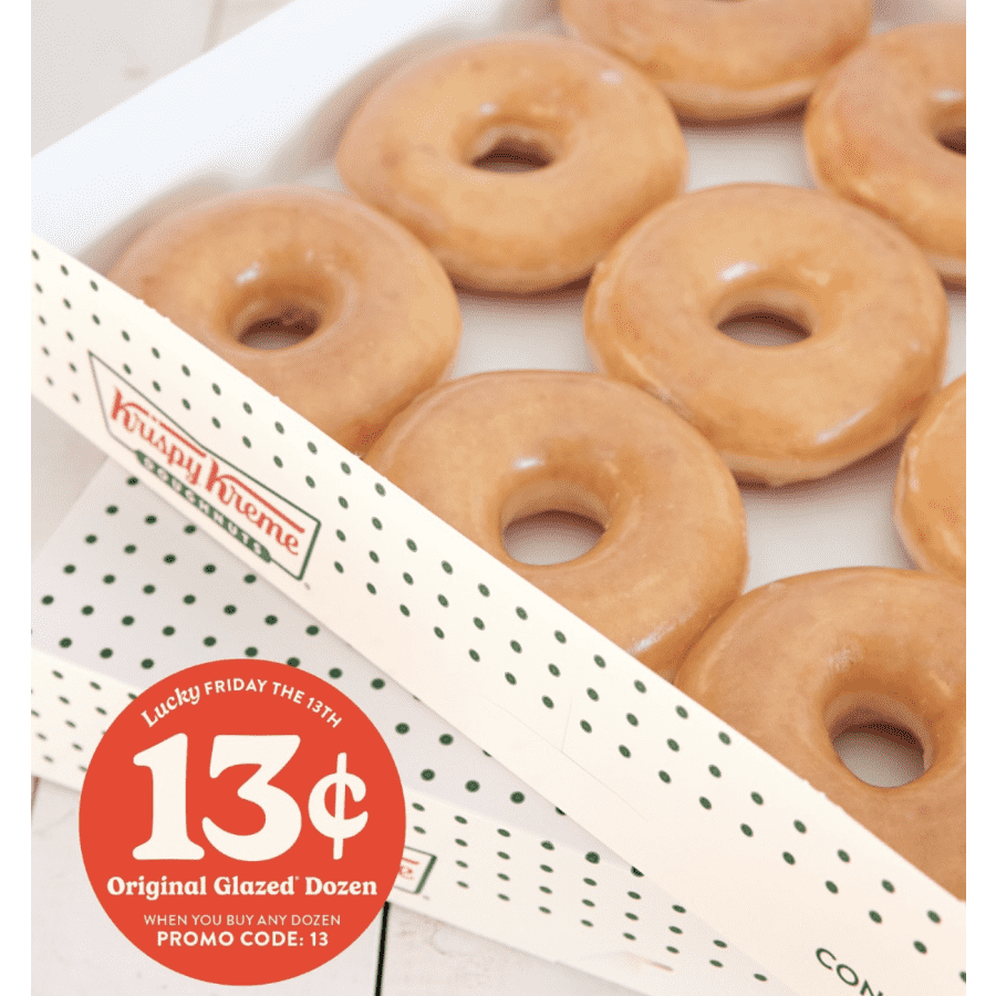 Krispy Kreme Friday the 13th Special: Glazed dozen for 13c when you buy another dozen