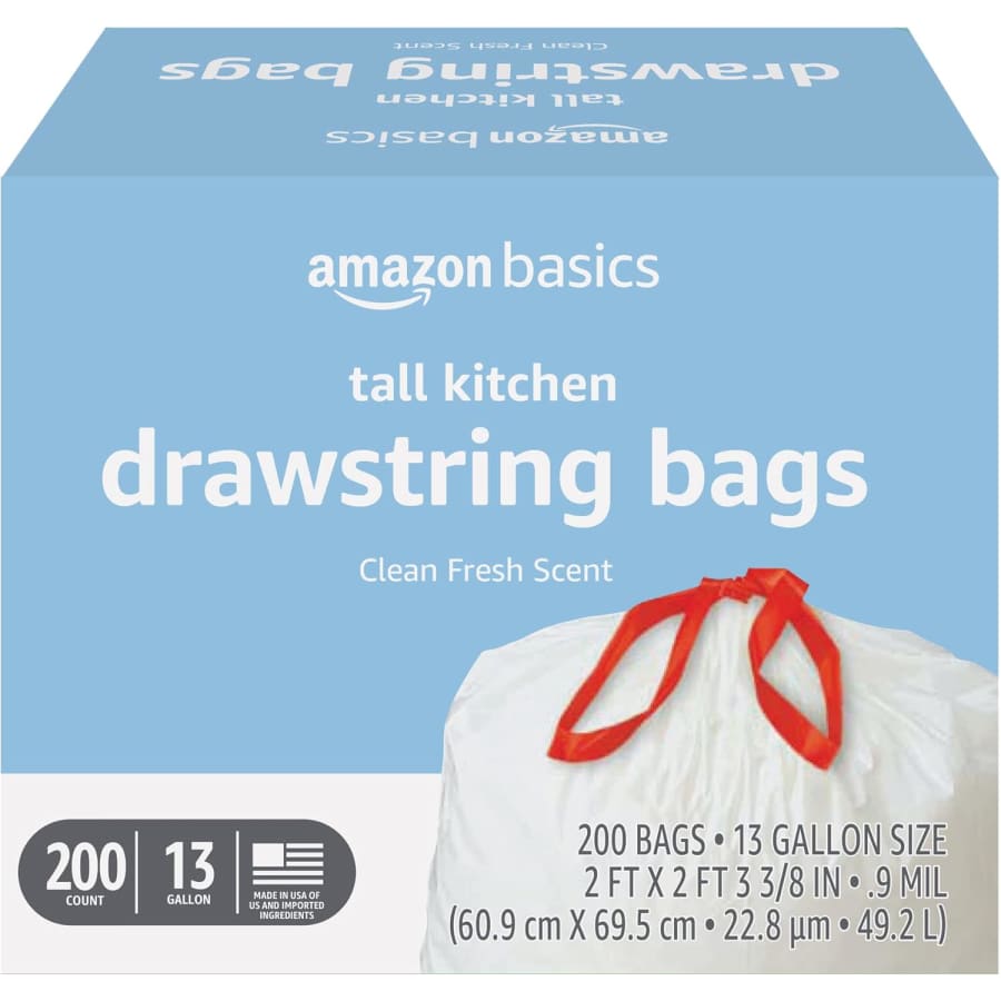 Amazon Basics 13-Gallon Tall Kitchen Drawstring Bag 200-Pack: $14 w/ Subscribe & Save Amazon Basics 13-Gallon Tall Kitchen Drawstring Bag 200-Pack: $14 w/ Subscribe & Save