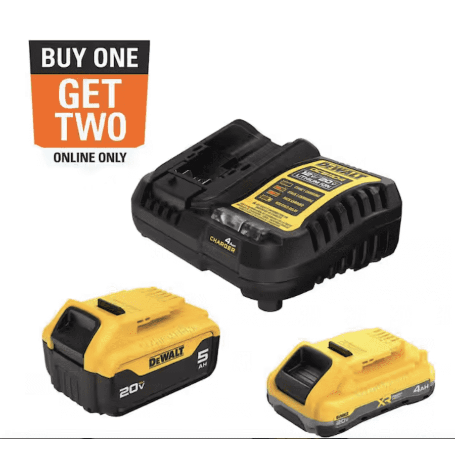 DeWalt 20V Lithium-Ion Starter Kit with 4Ah and 5Ah Batteries and Charger: $299 + 2 free tools