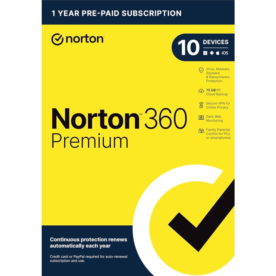 Norton 360 Premium 2025 1-Year Software Subscription: $30