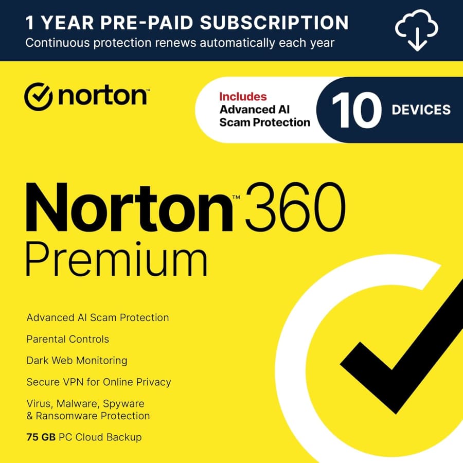 Norton 360 Premium 2025 for 10 Devices: $25