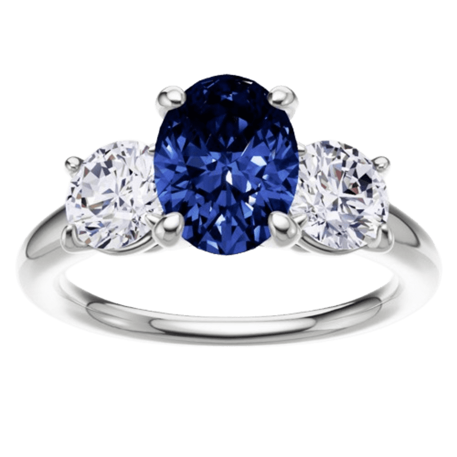2-TCW Lab Created Blue Sapphire and Diamond 3-Stone Engagement Ring in 14k Gold: $699