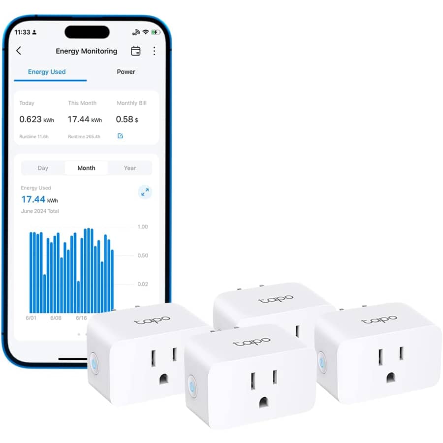 TP-Link Tapo Energy Monitoring Smart Plug 4-Pack: $23