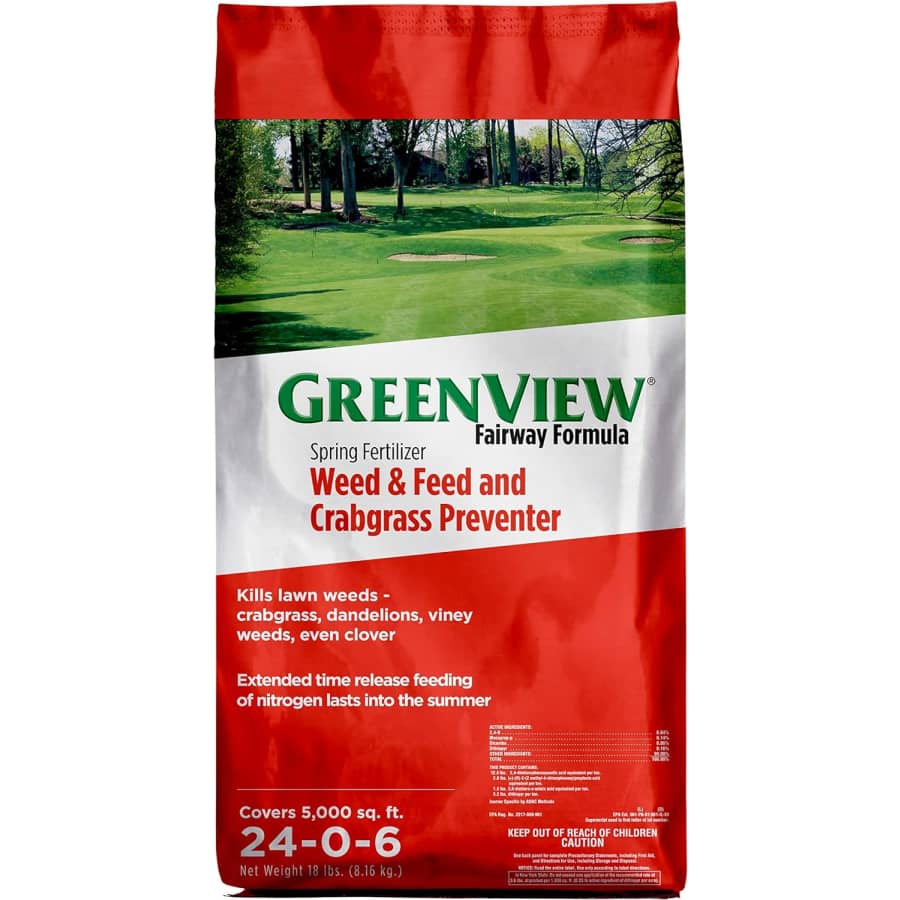 Greenview Fairway Formula Spring Fertilizer Weed & Feed and Crabgrass Preventer: $31 Greenview Fairway Formula Spring Fertilizer Weed & Feed and Crabgrass Preventer: $31