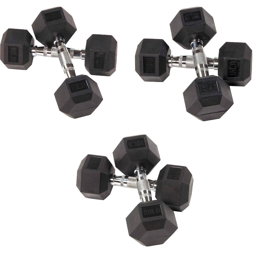 Fitvids Hex Dumbbell 3-Pair 90-Lb. Set: $65 Fitvids Hex Dumbbell 3-Pair 90-Lb. Set: $65