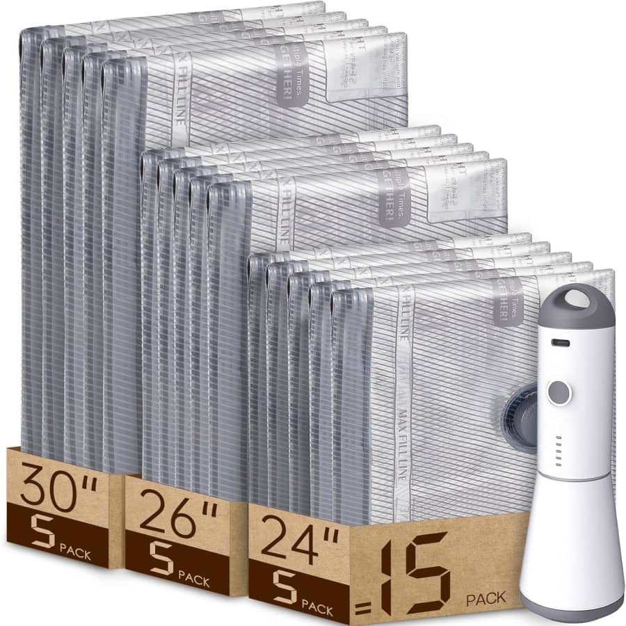 Vacbird 15-Pack Travel Vacuum Bags with Rechargeable Pump: $33.98
