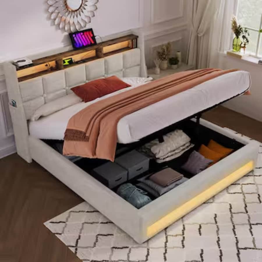Harper & Bright Designs Queen Hydraulic Storage Platform Bed with LED Lights: $327
