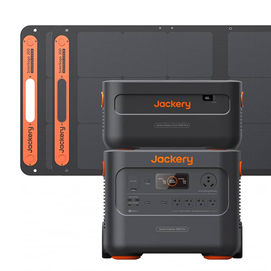 Jackery Explorer 2000 Plus 3,000W Portable Power Station + 2000 Plus Battery Pack + SolarSaga 200W Solar Panel 2-Pack: $2,799 Jackery Explorer 2000 Plus 3,000W Portable Power Station + 2000 Plus Battery Pack + SolarSaga 200W Solar Panel 2-Pack: $2,799