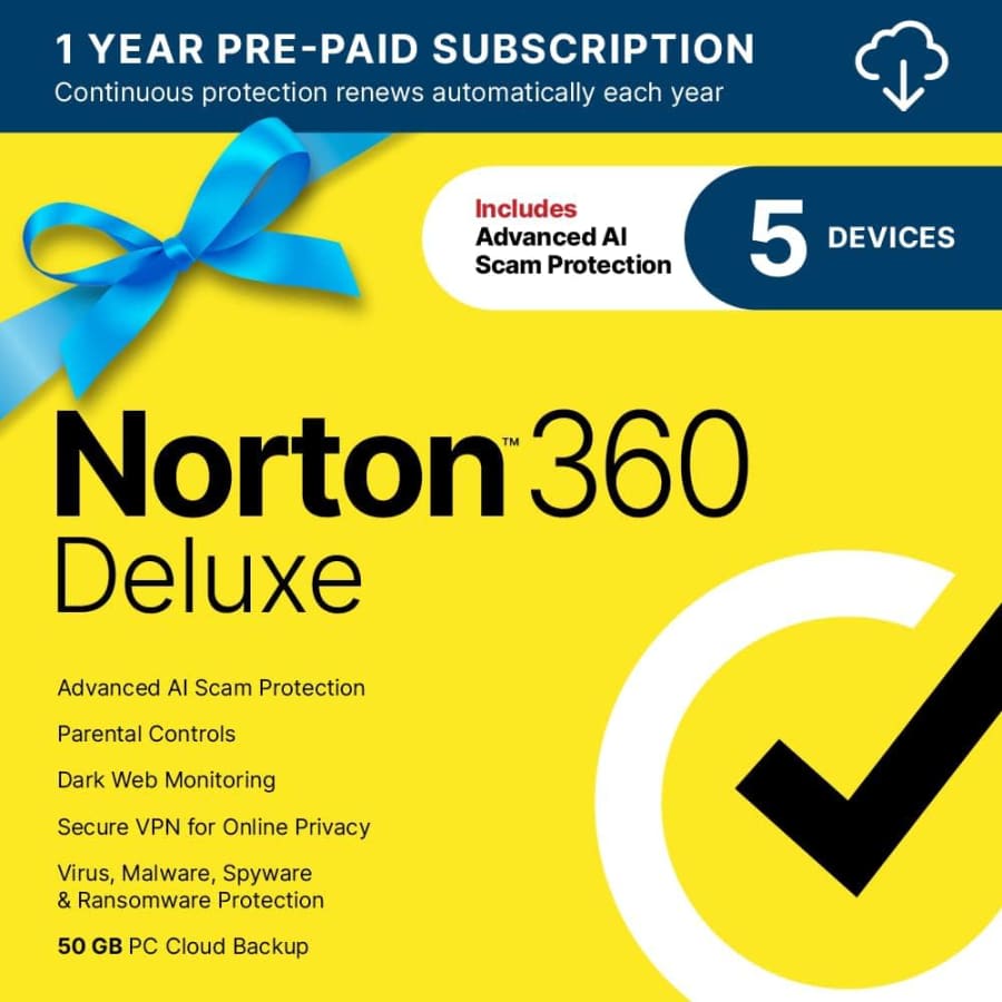 Norton 360 Deluxe 2026 5-Device 1-Year Antivirus Software Subscription: $25