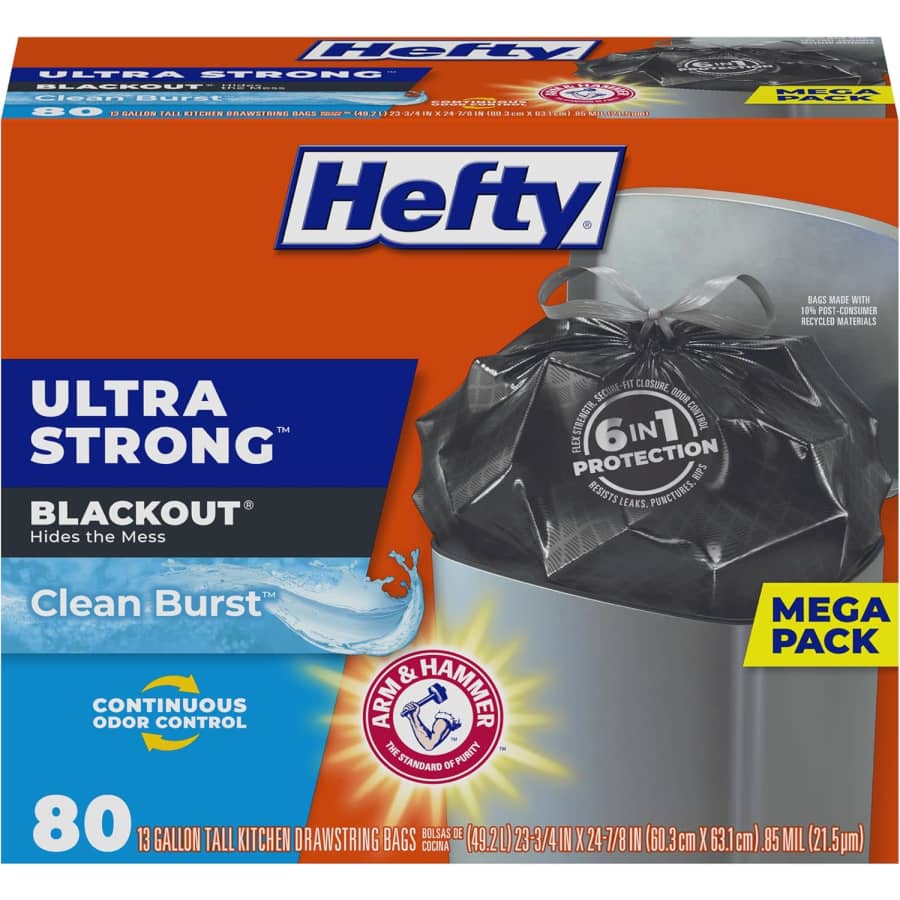 Hefty Ultra Strong 13-Gallon Trash Bag 80-Pack: $10.17 Hefty Ultra Strong 13-Gallon Trash Bag 80-Pack: $10.17