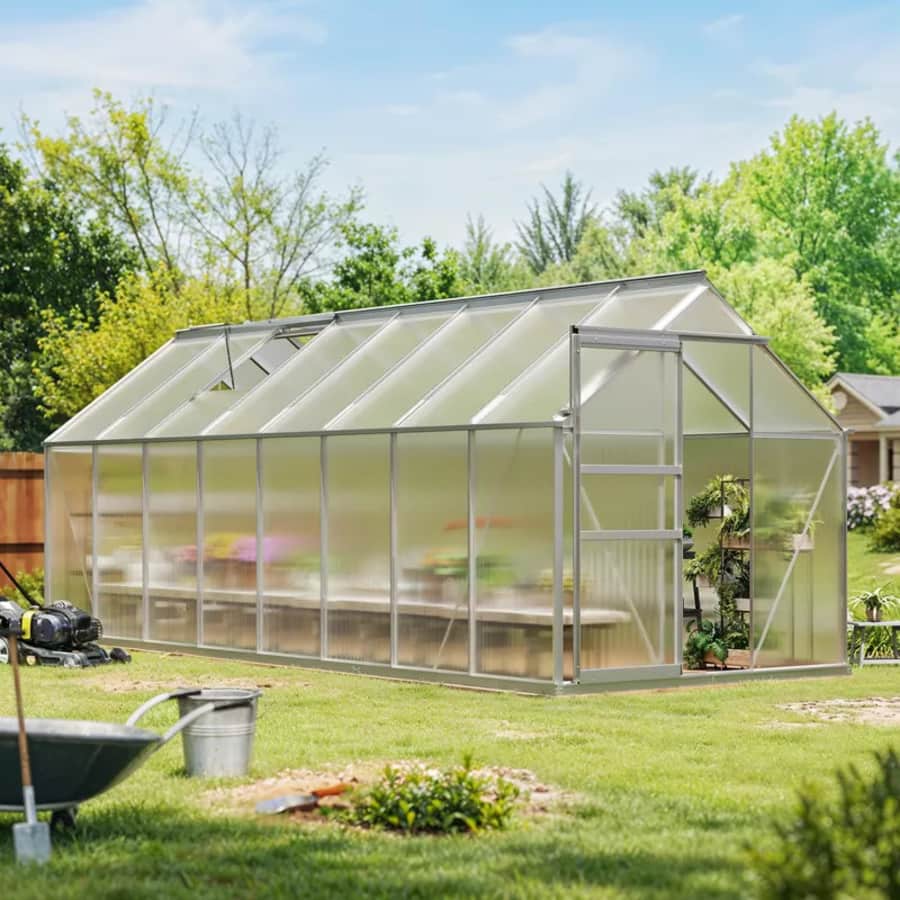 6 x 16-Foot Polycarbonate Panel Greenhouse with Sliding Door: $360 6 x 16-Foot Polycarbonate Panel Greenhouse with Sliding Door: $360