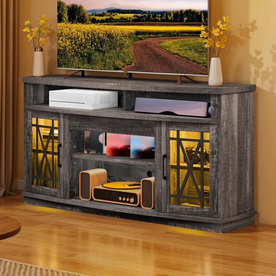 Mid-Century 59" TV Stand with LED Lights and Glass Doors: $159.99