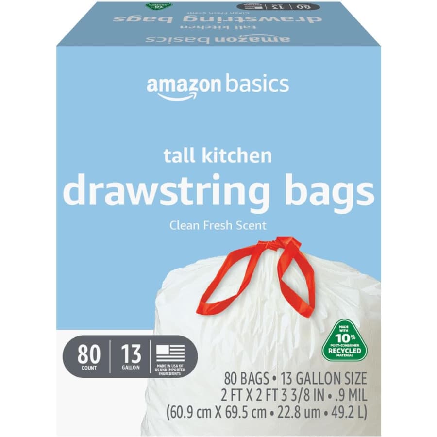 Amazon Basics 80-Count 13-Gallon Tall Kitchen Drawstring Trash Bags: $8.23 via Subscribe & Save w/ Prime Amazon Basics 80-Count 13-Gallon Tall Kitchen Drawstring Trash Bags: $8.23 via Subscribe & Save w/ Prime