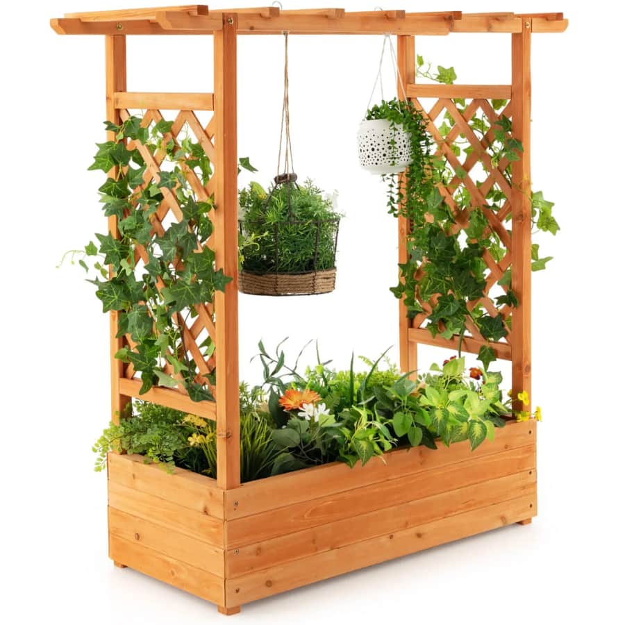 Gymax Raised Garden Bed Planter Box w/ Side & Top Trellis: $85