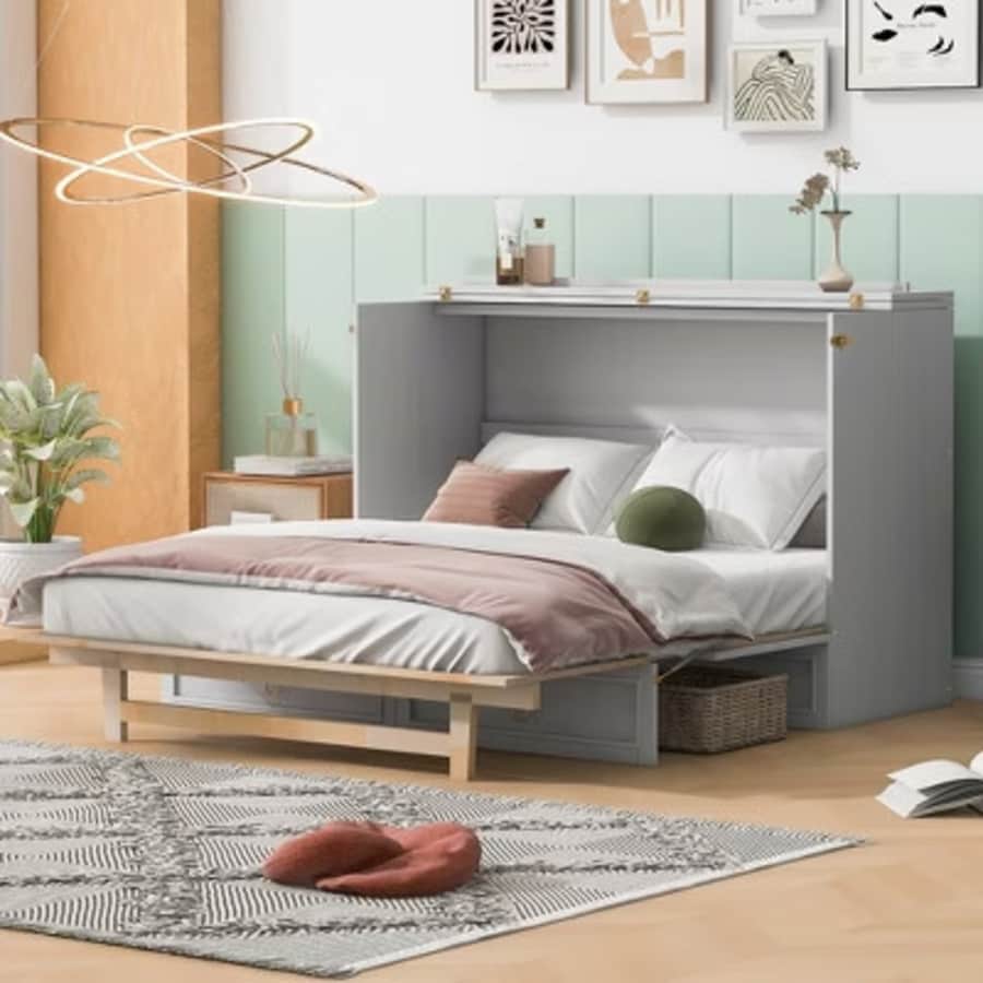 ModernLuxe Queen Size Wooden Murphy Bed w/ Large Drawer & Charging Outlets: $391 ModernLuxe Queen Size Wooden Murphy Bed w/ Large Drawer & Charging Outlets: $391