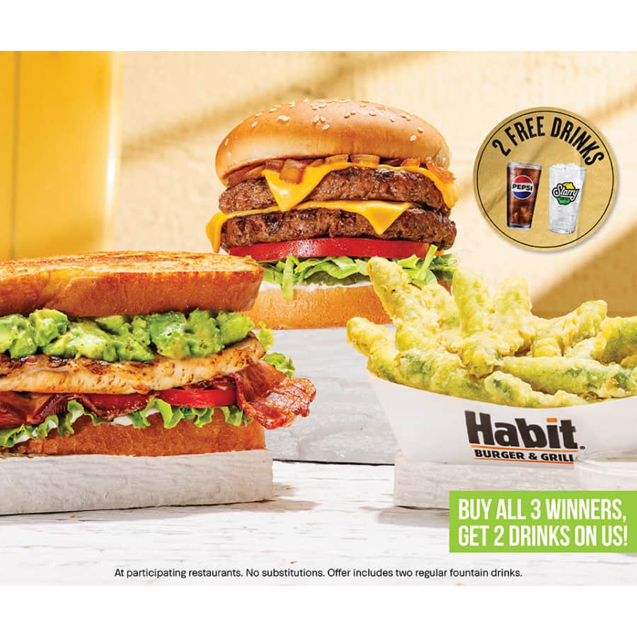 Habit Burger Grill Big 3 Offer: Buy three items, get 2 free drinks Habit Burger Grill Big 3 Offer: Buy three items, get 2 free drinks