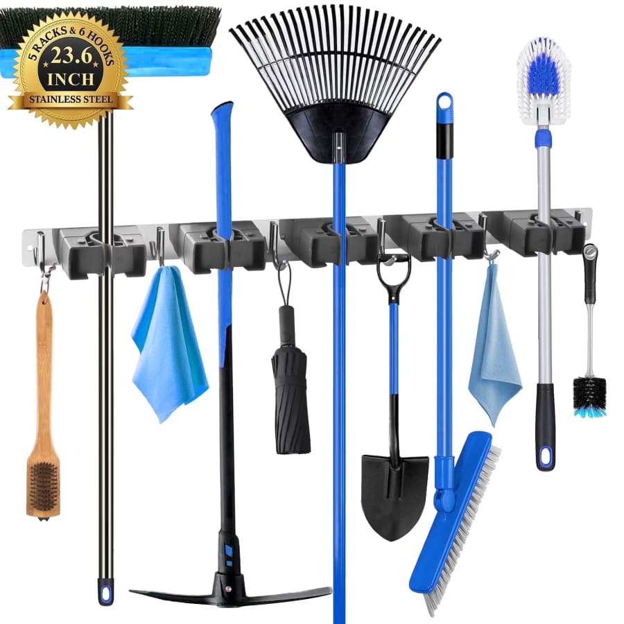 Fabulas Wall Mount Broom Holder w/ 5 Slots, 6 Hooks & Mop Hanger: $14 Fabulas Wall Mount Broom Holder w/ 5 Slots, 6 Hooks & Mop Hanger: $14