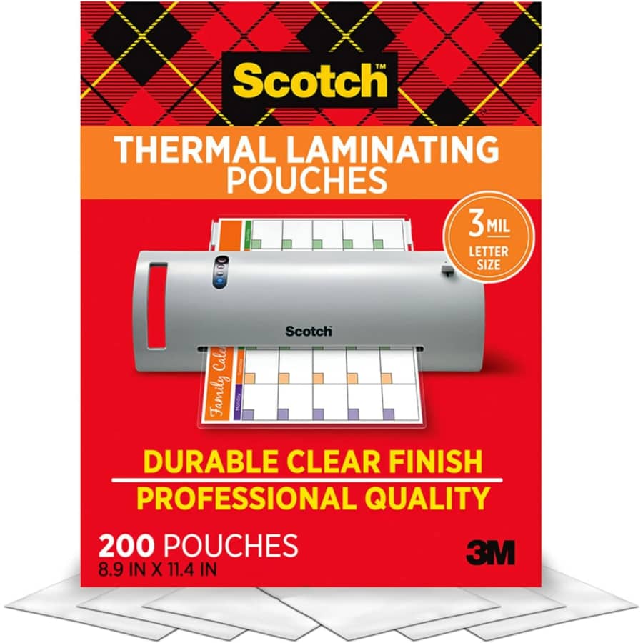 Scotch 3-mil. Thermal Laminating Pouch 200-Pack: $17.60