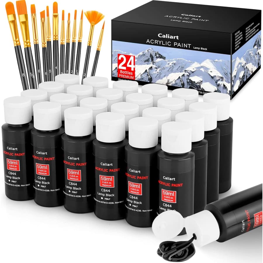 Caliart Black Acrylic Paint Bottle 24-Pack w/ 12 Brushes: $9.99