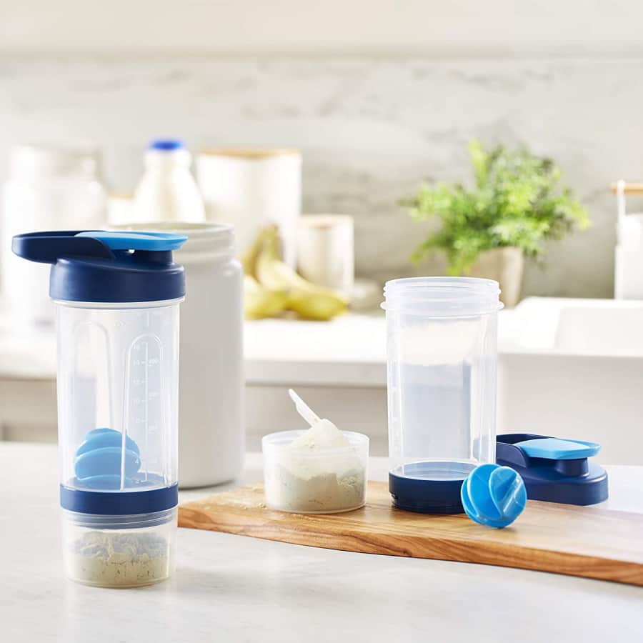 AmazonBasics 20-oz. Shaker Bottle w/ Dry Storage Compartment 2-Pack for $11