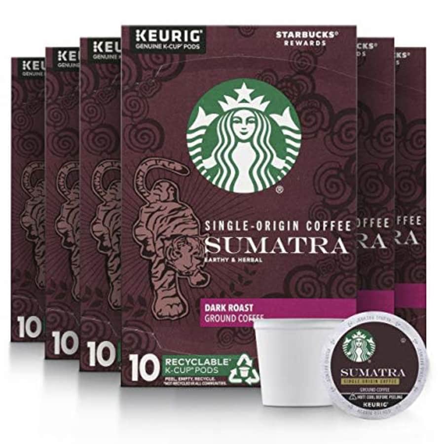 Starbucks Sumatra Keurig Pods, Dark Roast Coffee ,10 Count (Pack of 6) for $27 Starbucks Sumatra Keurig Pods, Dark Roast Coffee ,10 Count (Pack of 6) for $27