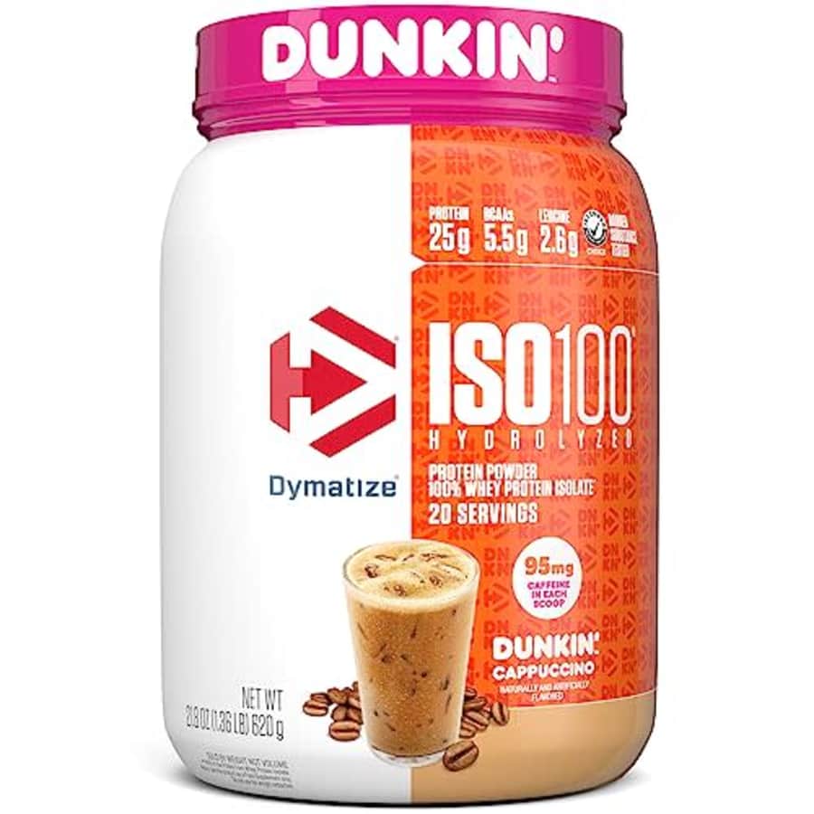 Dymatize ISO100 Hydrolyzed 100% Whey Isolate Protein Powder in Dunkin' Cappuccino Flavor, 25g for $25 Dymatize ISO100 Hydrolyzed 100% Whey Isolate Protein Powder in Dunkin' Cappuccino Flavor, 25g for $25
