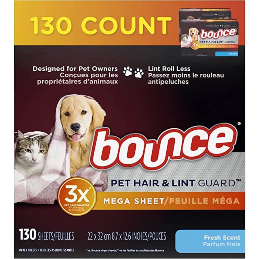 Bounce 130-Count Pet Hair and Lint Guard Mega Dryer Sheets for $10
