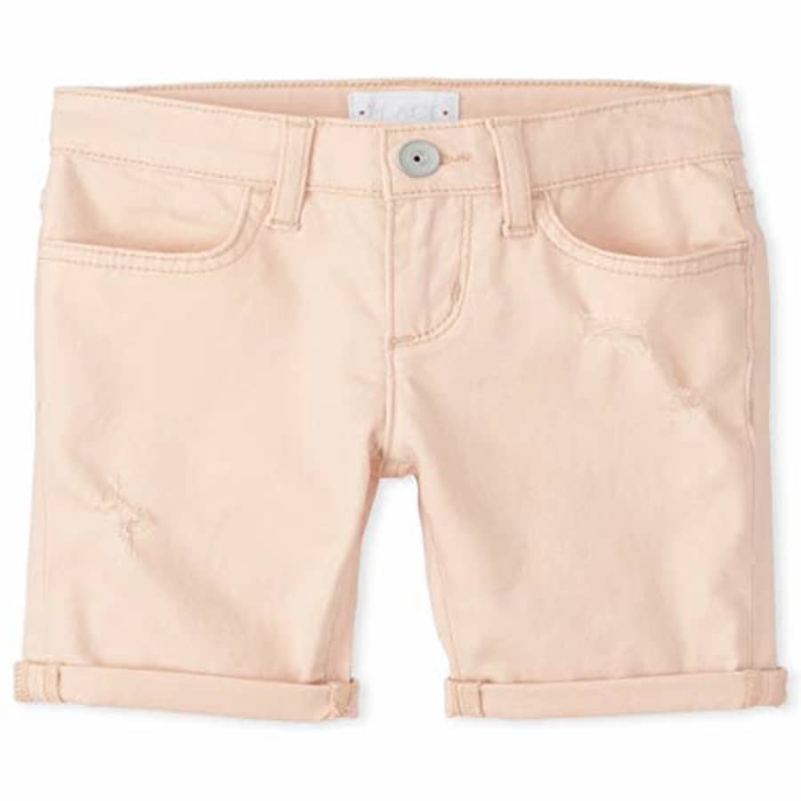 The Children's Place Girls' Destroyed Denim Skimmer Shorts, Peach ICE, 6 for $15