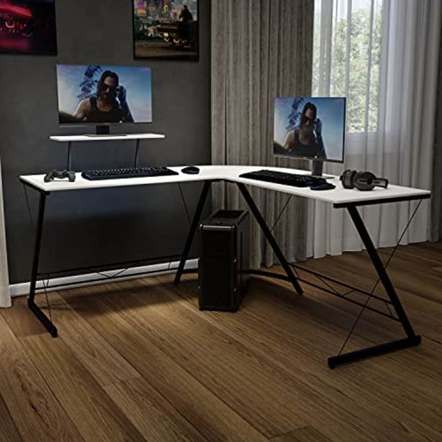 Flash Furniture Corner Desk - White/Black Space Saving L-Shaped Gaming Desk with Monitor Shelf - for $191 Flash Furniture Corner Desk - White/Black Space Saving L-Shaped Gaming Desk with Monitor Shelf - for $191