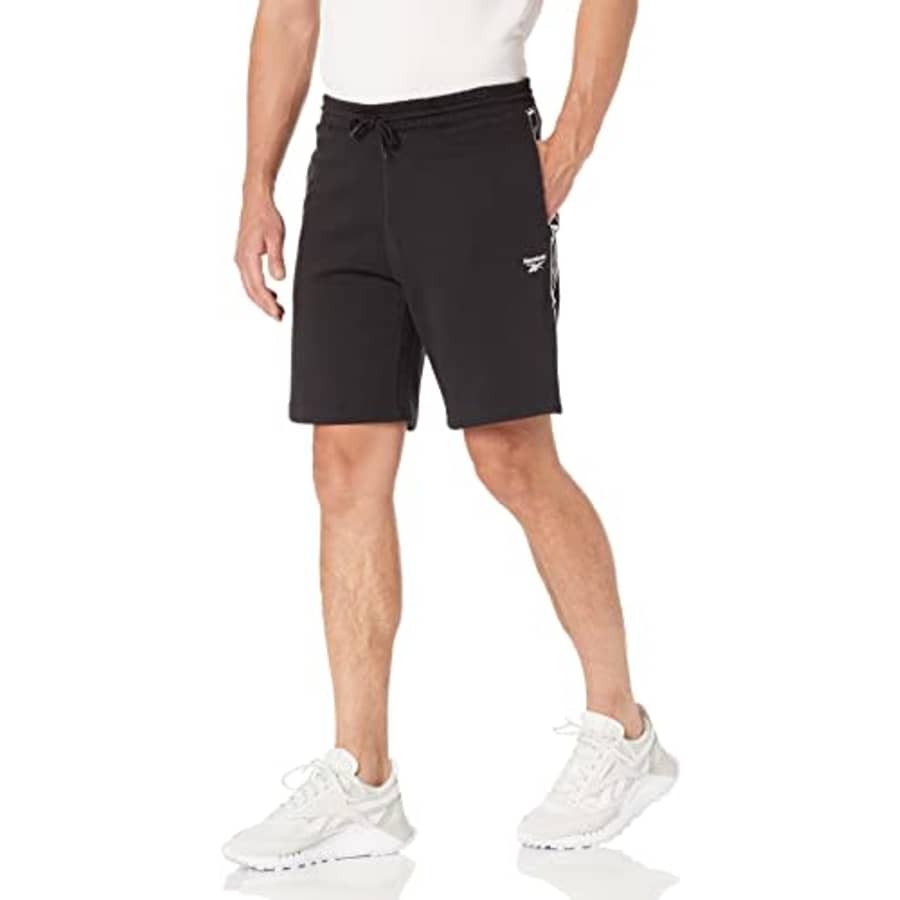Reebok Men's Standard Fleece Shorts, Black/Tape Sides, Large for $32 Reebok Men's Standard Fleece Shorts, Black/Tape Sides, Large for $32