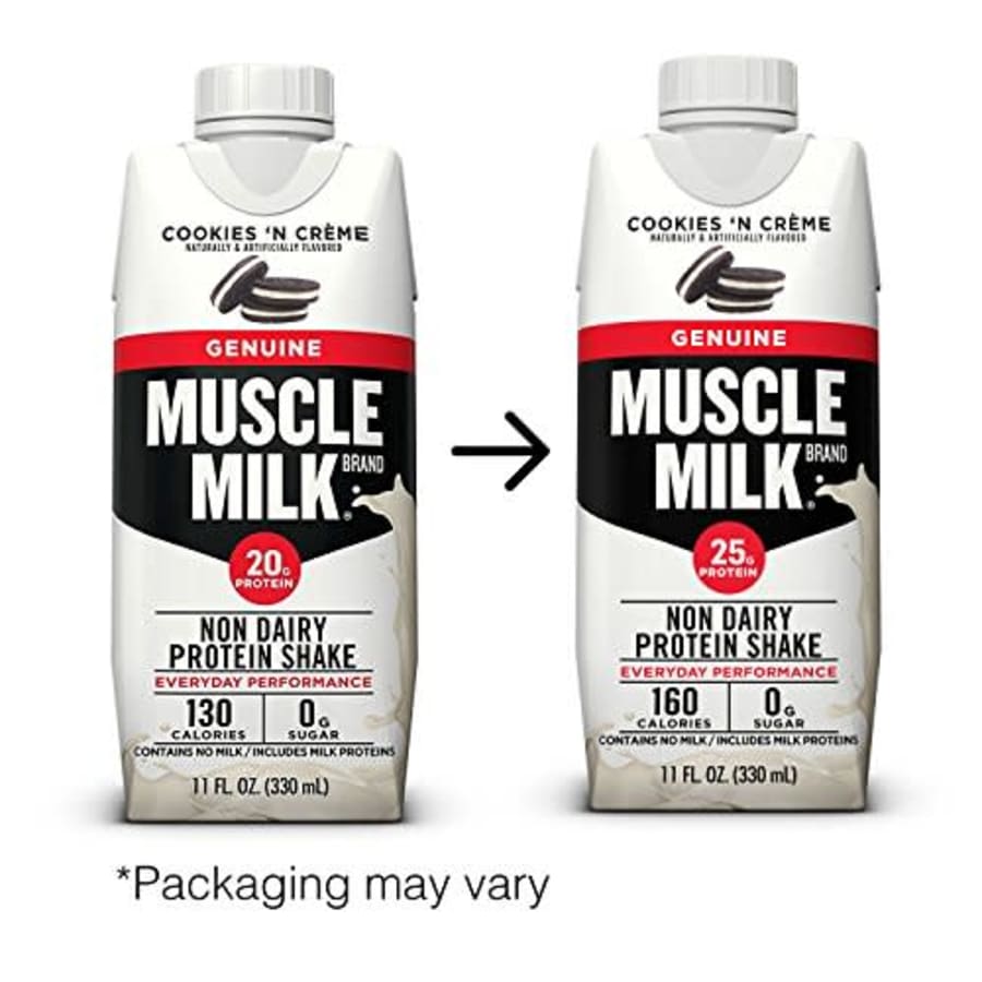 Muscle Milk Genuine Protein Shake, Cookies 'N Crme, 25g Protein, 11 FL OZ, (Pack of 4) for $7 Muscle Milk Genuine Protein Shake, Cookies 'N Crme, 25g Protein, 11 FL OZ, (Pack of 4) for $7