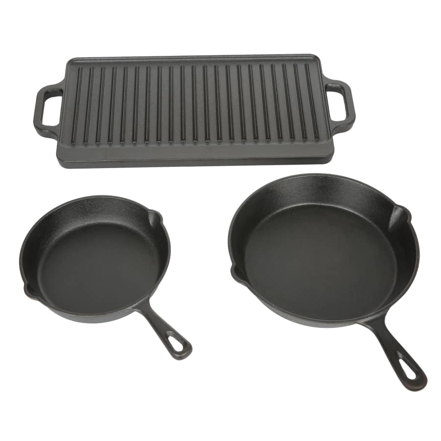 Ozark Trail 3-Piece Plant Oil Cast Iron Skillet Set with Griddle for $16 Ozark Trail 3-Piece Plant Oil Cast Iron Skillet Set with Griddle for $16