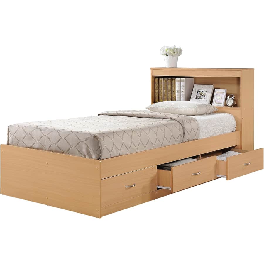 Hodedah Twin Size Wood Platform Bed w/ Bookcase Headboard for $189 Hodedah Twin Size Wood Platform Bed w/ Bookcase Headboard for $189