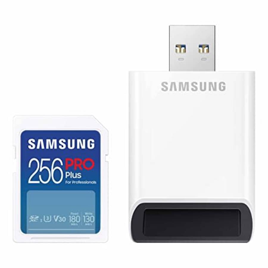 SAMSUNG PRO Plus Full Size 256GB SDXC Memory Card + Reader, Up to 180 MB/s, Full HD & 4K UHD, for $23