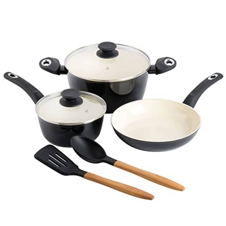 Gibson Home Plaza Caf Forged Aluminum 7 Piece Healthy Ceramic Interior w/ Bakelite Handles Pots and for $56